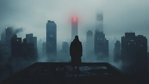 Solitary figure on rooftop above dense foggy cityscape.
