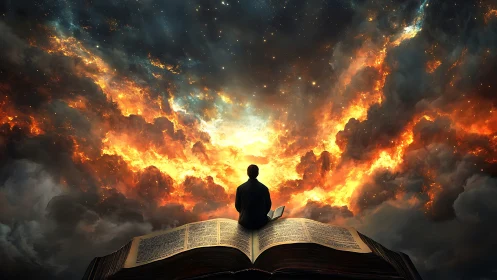 Digital painting of cosmic reading portal with fiery nebula sky.