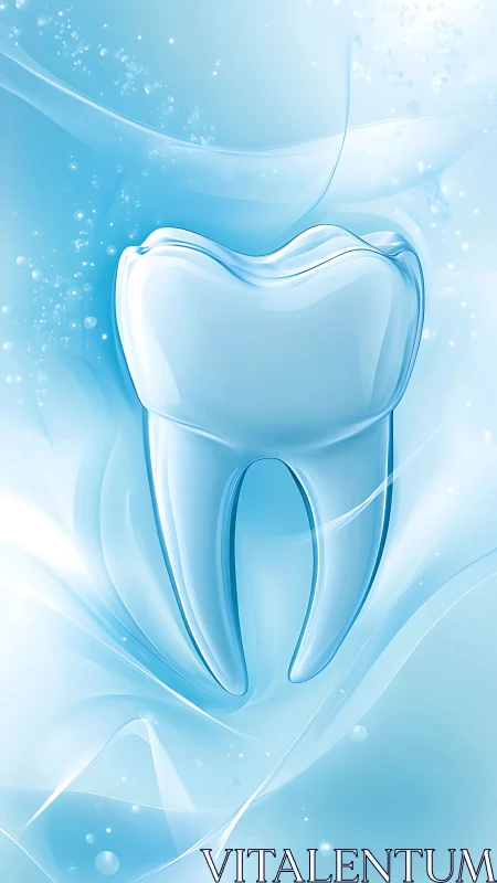 Transparent tooth icon rendered on blue liquid background