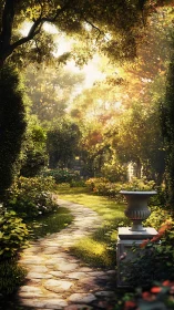 Sunlit stone path through manicured garden foliage.