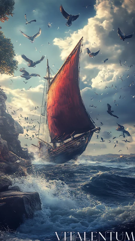 Sailing vessel passes rocky shoreline amid dense seabird flight