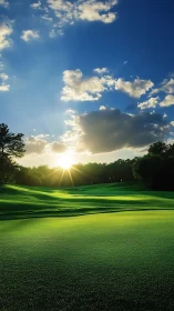 Sunlit golf fairway glows beneath a wide, cloudlit sky.