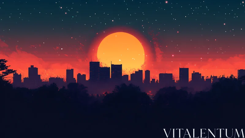 Spectral urban skyline against oversized discretized sunset.
