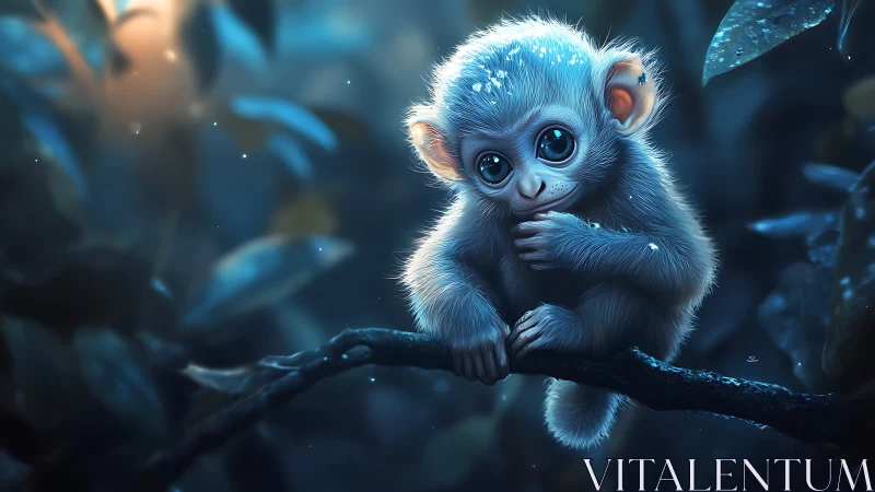 Bioluminescent-lit baby monkey rendered with high-detail fur shaders