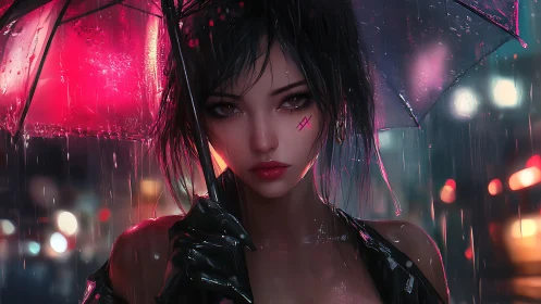 Neon lit girl under umbrella in rainy city street at night.