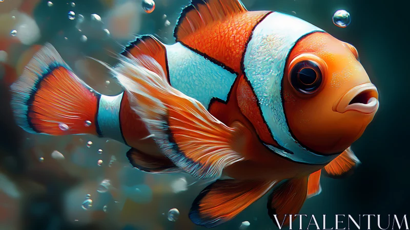 Orange clownfish in side view with detailed fin texture.