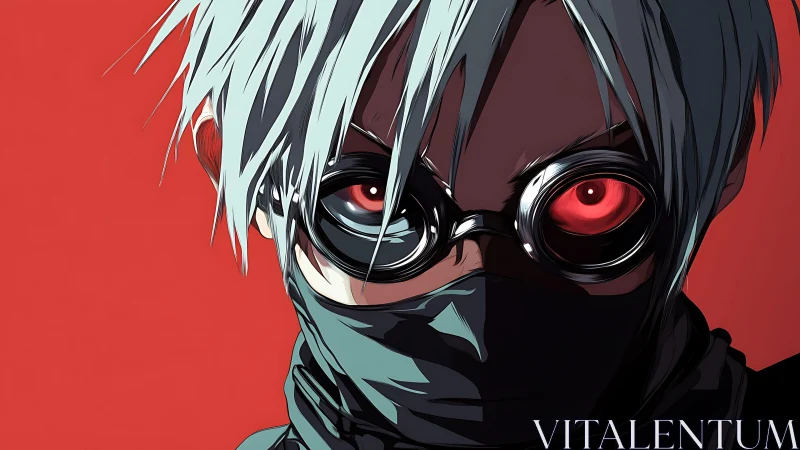 Masked anime figure with red cybernetic goggles on stark red field