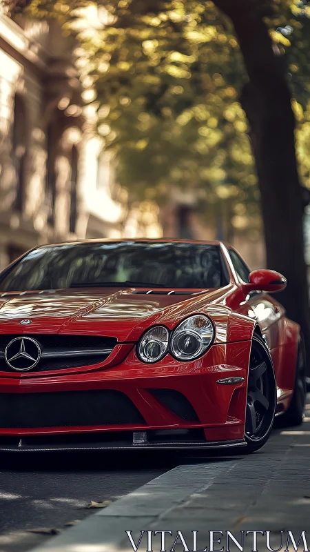 Low-angle urban portrait of red Mercedes sports coupe.
