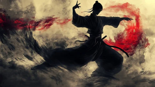 Shadowed samurai commands swirling red and black energy.