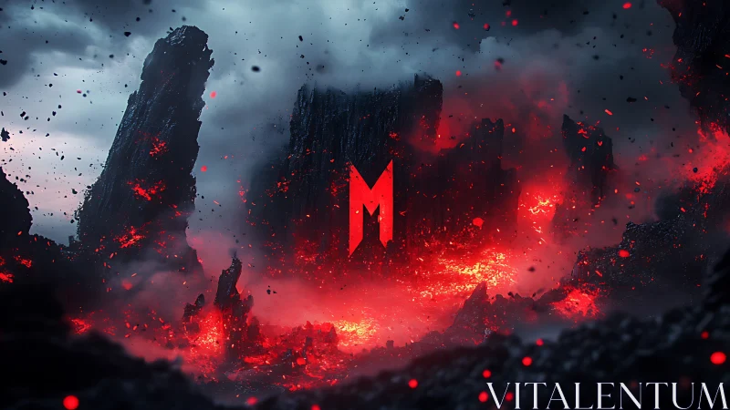 Monolithic red emblem hovers above erupting lava chasm.