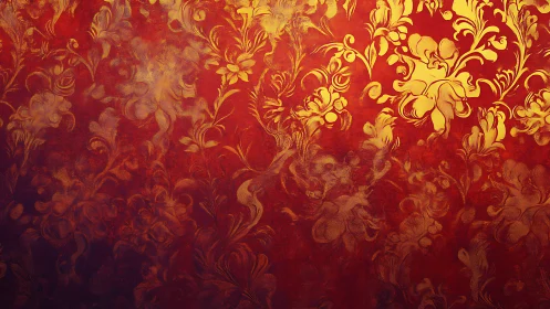 Ornate gold floral damask glows over rich red texture
