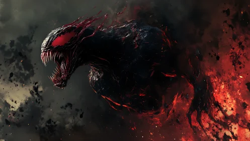 Fierce shadow creature roaring through swirling fire and smoke.