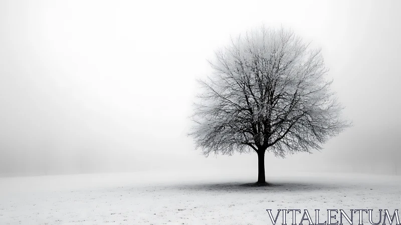 Quiet winter tree stands softly in a tranquil white field