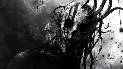 Skull-faced wraith rises through ink-splattered shadows.