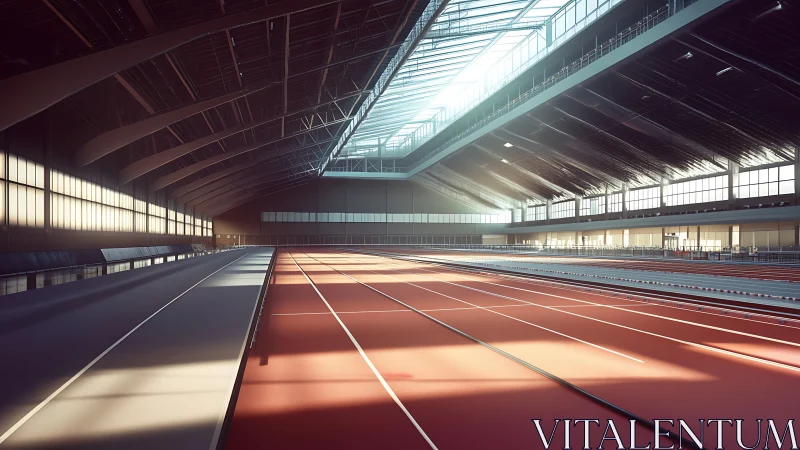 Photorealistic indoor track hall with axial skylight geometry.