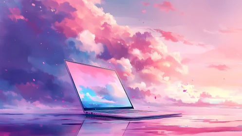 Dreamlike laptop horizon under luminous pastel clouds.