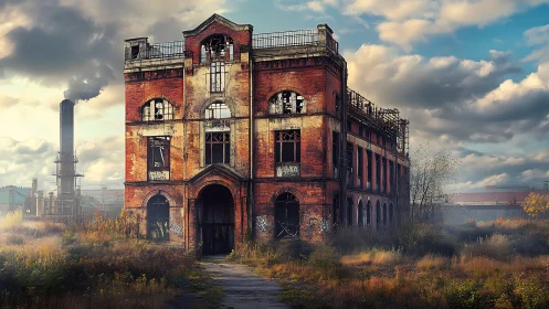 Brickwork ghost manor amid rusted smokestacks and wild grass.