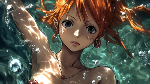 Anime girl submerged in rippling water with vivid light play.