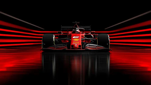 Front-on aerodynamic render of red Formula 1 race car in tunnel.