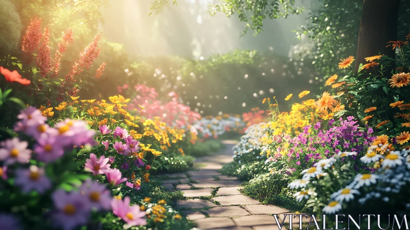 Sunlit garden path wrapped in soft blooms and quiet magic.