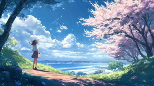Schoolgirl under cherry blossoms facing luminous coastal sky.