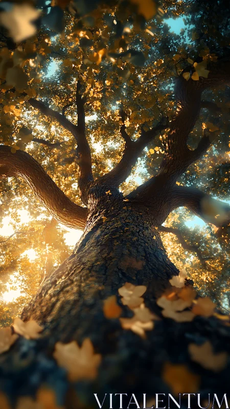 Low-angle view of large deciduous tree in warm light.