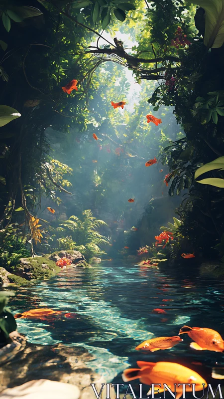 Tropical ravine pool with luminous koi rendered in 3D realism