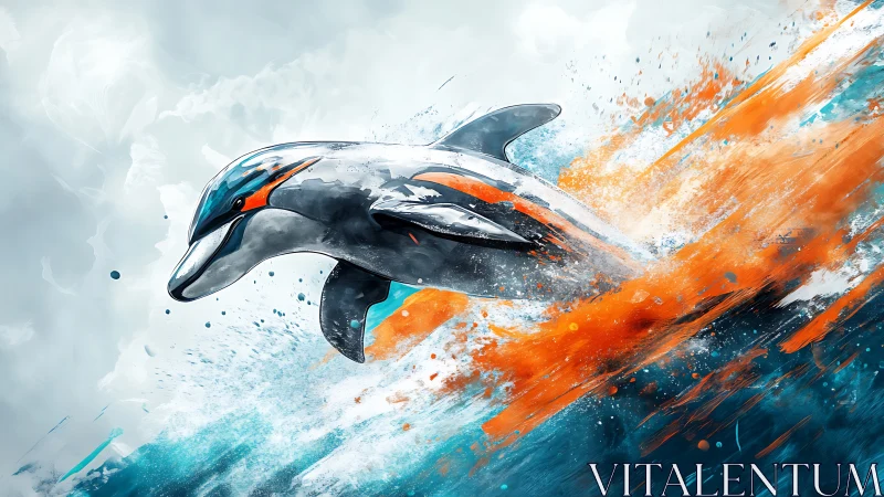 Joyful digital dolphin bursts through vivid ocean color