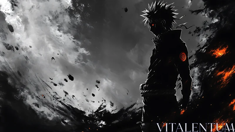 Brooding anime hero framed by stormy skies and glowing embers.