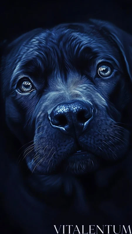 Low-key digital portrait of a dog in blue chiaroscuro tones.