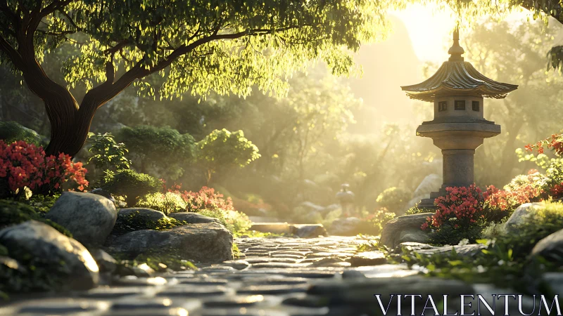 Sunlit stone lantern guarding a dream-bright garden path.