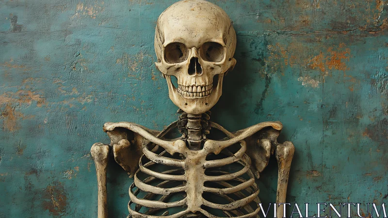 Human skeleton model stands against distressed teal wall