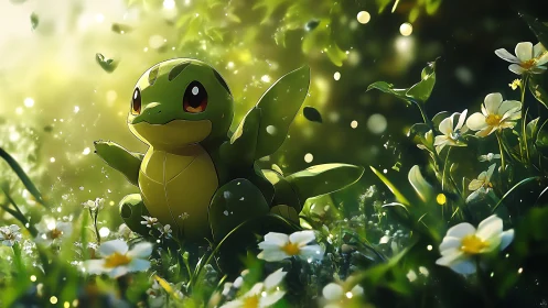 Cute green reptile creature glows in a sunlit flower meadow.