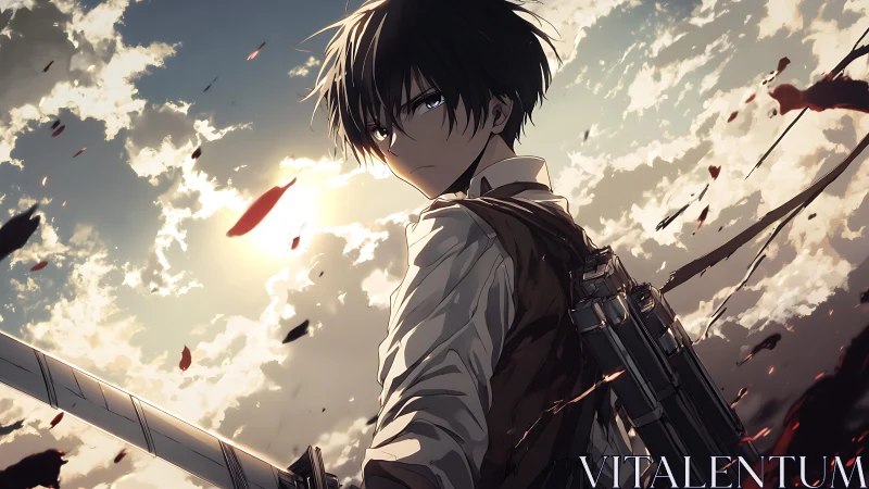 Sword-armed anime youth before backlit sky with debris.