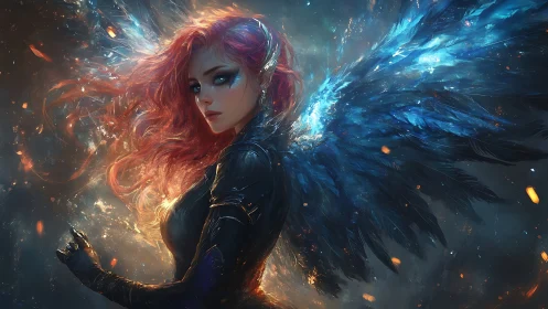 Fiery‑haired winged warrior rendered in high‑detail digital painting