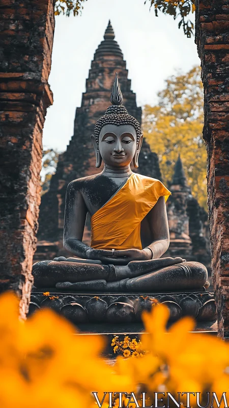 Buddha statue sits centered between stone pillars outdoors