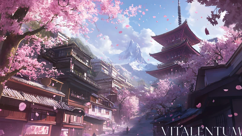 Cherry blossom lined pagoda street under distant mountain.