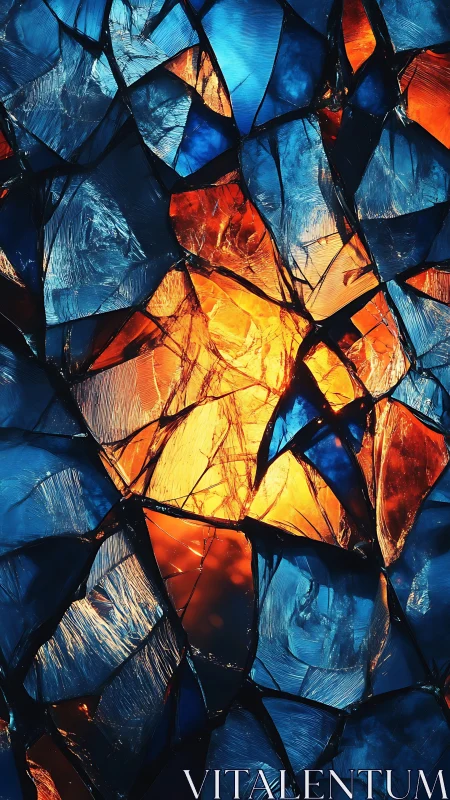 Shattered glass mosaic with blue and orange light glow.