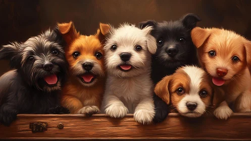 Six puppies line up in warm light and face the viewer