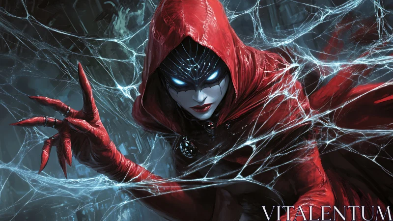 Red hooded sorceress weaves spectral web through darkness.