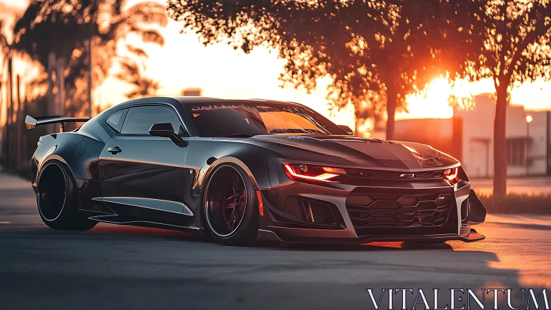 Widebody street Camaro rendered in sunset photorealism.