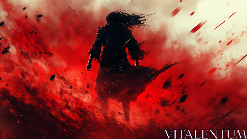 Storm-touched warrior strides through a blazing red battlefield