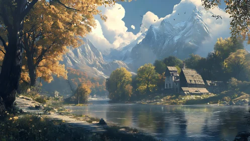 Mountain lake homestead under golden autumn light.