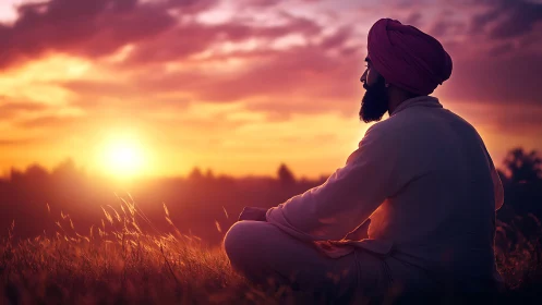 Meditating man in field under glowing sunset sky.