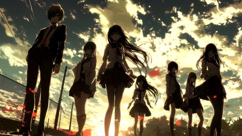 Silhouetted students stand against a backlit evening sky