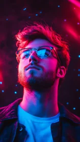 Neon lit dreamer gazes upward in a soft cosmic glow