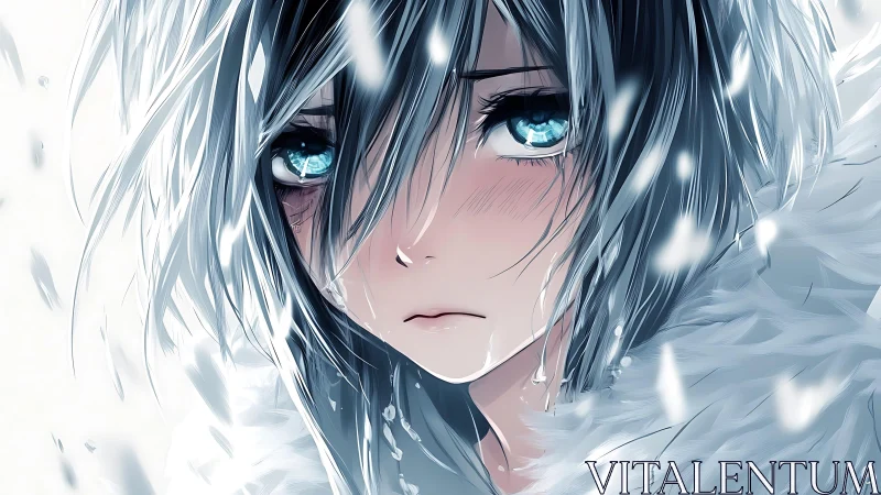 Snow-dusted anime girl with icy blue eyes in close-up.