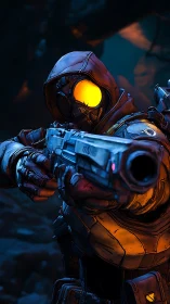 Hooded sci fi marksman with glowing visor in tactical pose.
