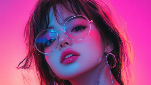 Neon-lit portrait of stylish girl in reflective glasses.