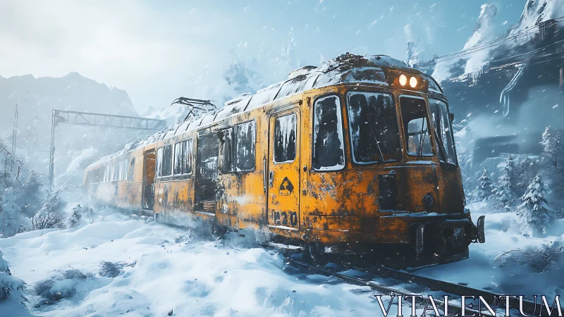 Yellow railcar stands in a snow-covered mountainous landscape